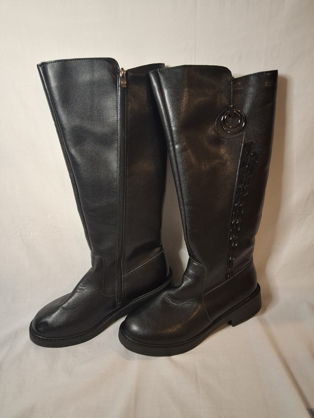 Women's Black Tall‎ Riding Boots with Decorative Ring Detail